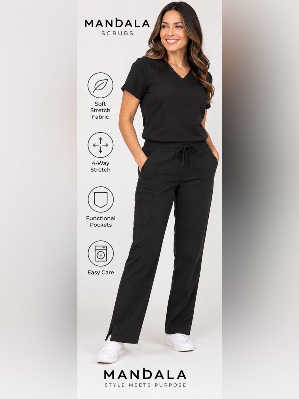 MANDALA WOMENS SCRUB PANTS SMALL TALL BLACK DRAWSTRING STRAIGHT LEG
